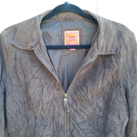 Isaac Mizrahi Leather Suede Jacket Moto Distressed Crinkle Textured Brown Sz M - Picture 5 of 14